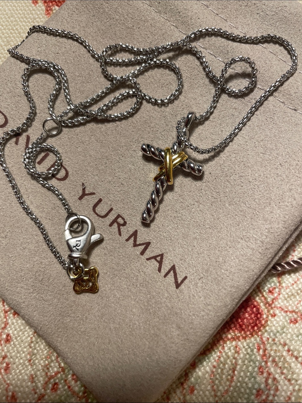 David Yurman Silver Gold Cable Cross Pendant Adjustable Necklace - Picture 3 of 8